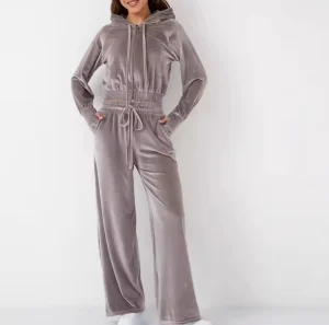 Conjunto de Roupas Casuais Femininas Esportivas 2 Peça Moda Cor Sólida Cardigã de Veludo com Capuz de Manga Longa Calças de Cintura Elástica e Pernas Largas Roupas Esportivas Femininas