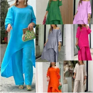 Conjunto Casual Feminino de Primavera e Outono: Blusa Longa de Manga Solta Irregular, Calças de Perna Larga OEM&ODM, Conjunto de Roupas em Tecido Sólido