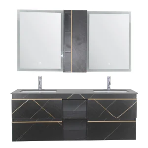 2024 New Arrival Modern Gray Sintered Stone Bathroom Vanity LED Mirror Cabinet Combo