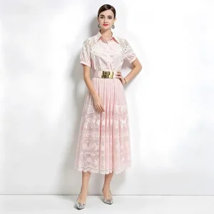 Vestido feminino de saia longa com blusa de renda de manga curta e botão único