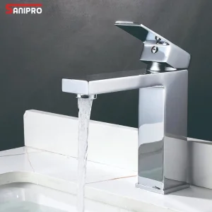 Sanipro Luxury Chrome SUS304 Lavatory Water Tap Hot Cold Mixer Taps Stainless Steel Bathroom Sink Square Basin Faucets