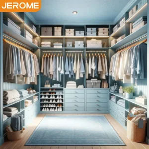 Factory Bespoke Minimalist Design Bedroom Furniture Fancy Blue Wooden Walk in Closet System with Accessories