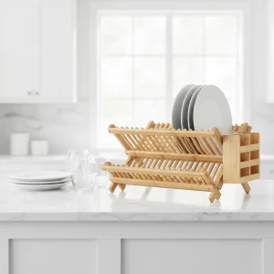 Three-Tier Foldable Bamboo Carton Storage Rack Air Drying Kitchen Dish Rack for Plates Bowls Home Use Cleaning Tool