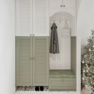 Traditional Style Light Green Louver Cabinet Door Breathable Shoe Cabinet Residential Home Shoe Cabinet Durable Wooden Custom Shoe Cabinet