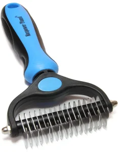Escova de Remoção de Pelos para Animais de Estimação em Aço Inoxidável Azul e Preto, Dupla Face