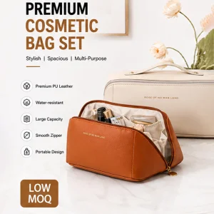 Custom Logo PU Leather Cosmetic Bag With Zipper Closure Eco-Friendly And Durable Pillow Makeup Case With Handle Fashion Style