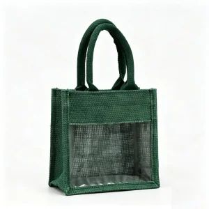 Mini Green Jute Gift Bag with Clear Window