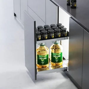 Kitchen Hardware Aluminium and Glass Base Unit Storage Pull-out Basket Organizing Storage Basket Sauces Seasoning Storage Holder Kitchen Cabinet Organizer