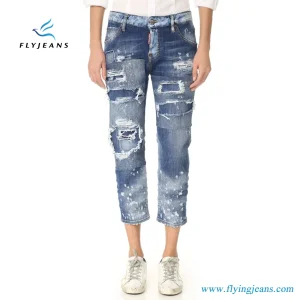 Moda jeans desfiado corrigidos e desgastada Jeans recortada para senhoras e Mulheres