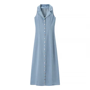New Women's Casual Fashionable Sexy Hot Girl Button Sleeveless Denim Dress