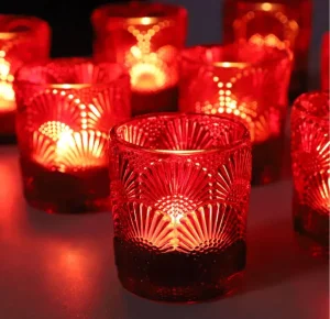 Red Votive Candle Holders for Boho Wedding Table, Ginkgo Leaves Design Tealight Candle Holder Vintage for Christmas Decorations, Glass Tea Lights Candle Holders