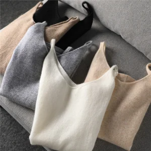 WT50 Women's Breathable Casual Cashmere Knit V-Neck Camisole Short Sleeveless Top for Autumn/Winter Fitted Layering Vest