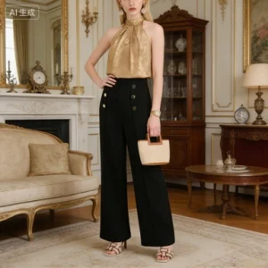 Women's Gold Halter Top and High-Waisted Wide-Leg Trousers Set