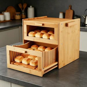 Personalization 2-in-1 Bamboo Bread Box With Built-in Large Storage Bin Bread Slicer Kitchen Bread Storage Container