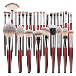 30pcs Professional Customizable Face Makeup Brush Set Red Wooden Handle Fan-Shaped Loose Powder Eyeshadow Brushes Concealer