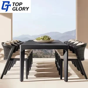 Tg Foshan Modern Aluminum Outdoor Dining Set Metal Garden Furniture Rattan Dining Table Chair Furniture for Patio Courtyard Hotels