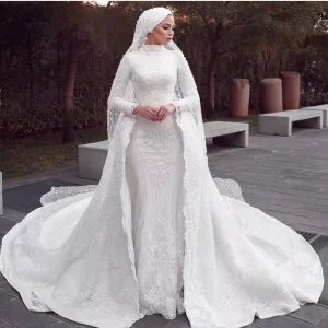 فساتين زفاف مسلمة بأكمام طويلة وتنورة إضافية من الدانتيل والتول Z9015