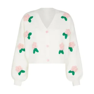 Elegant White Floral Embroidery Cardigan Sweater