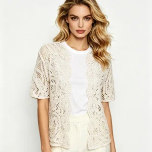 Women Beige Lace Crochet Cardigan