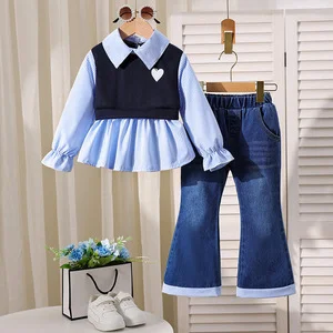 Girls Casual Style Striped Flip-Collar Denim Bell Pants with Stitching Patchwork Design + Flared Jeans Top Two-piece Set