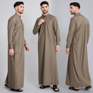 Men's Qatar Style Thobe with Stand Collar Long Robe Arabic Middle Eastern Menswear Pocket Traditional Islamic Clothing