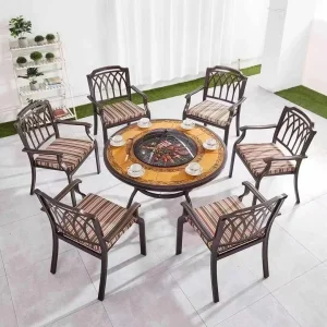 Dali 48" Round Patio Dining Table Set, Cast Aluminum Round Outdoor Table with Umbrella Hole for Outdoor Garden