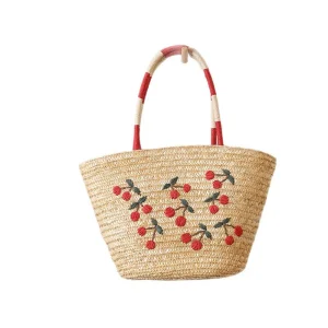 Bolso de paja bordado de cereza para mujeres, bolso de mano tejido de moda, bolso de playa para vacaciones, bolso de hombro