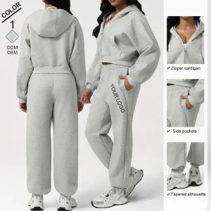 Women Autumn/Winter Thickened Hooded Zipper Jacket Casual Loose Sportswear Two-Piece Clothing Set