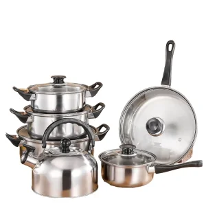 New Multi-Function 12-Piece Eco-Friendly Non-Stick Stainless Steel Cookware Set Glass Cover Includes Kettle Soup Pot Pans Pots