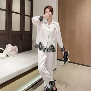 Women's Ice Silk Pajama Set - Lace Trim Patchwork Two-Piece, Luxury Elegant Soft Home Loungewear