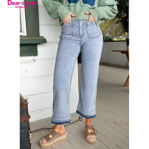 Dear-Lover New Arrivals Acid Wash Wide Leg Ladies Denim Jeans Blue Mujer Edge Pocketed Cropped Ladies Jeans