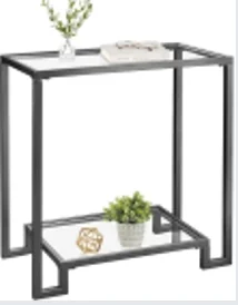 Modern 2-Layer Console Table Easy Assembly Tempered Glass and Wood with Marble for Entryway or Living Room Sofa Shelf