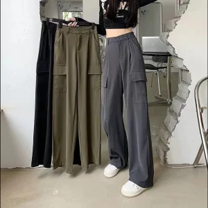 New Autumn Women Cargo Pants Solid Color Casual High Waist Loose Flat Front Wide Leg Elegant Straight Suit Trousers