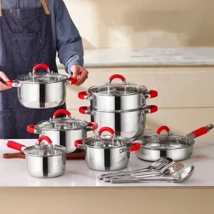 16 Piece All in One Kitchenware Casserole Fry Pan Saucepan Soup Pot Stainless Steel Cookware Set with Silicone Handle