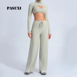 PASUXI Custom Front Logo Women's Long Sleeve Yoga Set Hollow Out Quick Dry Four-Way Stretch 3-Piece Gym Activewear