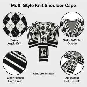 OEM Custom Women's Knitted Stripe Argyle Paisley Sailor Collar Shoulder Shawl Cape