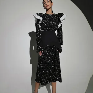 Estilo de Design Primavera e Outono Vestido de Manga Longa Cinto Removível Casual Floral Vestido Longo para Mulheres