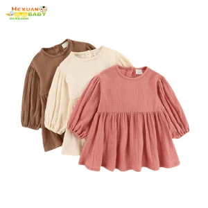 Novo Vestido Infantil de Outono e Primavera, Cor Sólida, Manga Longa, Algodão Linho, Doce Casual, Vestido para Menina Bebê