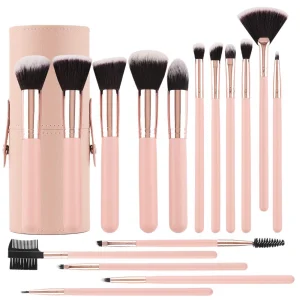 16 Piece Pink Makeup Brush Set Wooden Handle Synthetic Bristles Professional Face Makeup Kit for Foundation Blush Eyeshadow