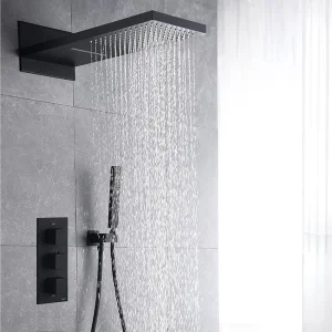 Luxury Modern Bathroom Bath Shower Faucet Head Black Wall-Mount Water Saving Hidden Concealed Rainfall Brass Shower Set