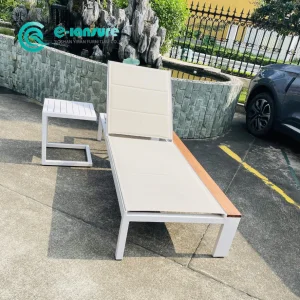 Factory Outdoor Furniture Aluminum Frame Sun Lounger Garden Chaise Lounge Chair with Teak Wood All Weather Fabric Sun Bed for Home Hotel Poolside