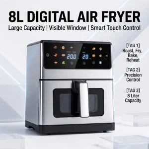 8L Oil-Free Air Fryer Cooker Electric Digital Touch Screen Control Visible Window 12 Menus CE CB GS Household Plastic 1800W A+++
