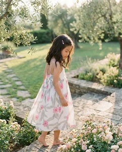 Girls White Pink Floral Cotton Sundress Sleeveless Cross Strap Casual Summer Frock for Kids Wholesale Supply