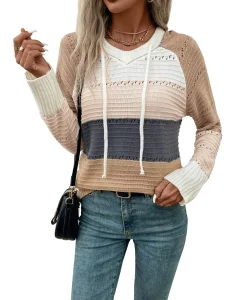 Moletons com zíper para mulheres, jaquetas listradas, estampa em bloco de cores, com cordão, suéteres casuais