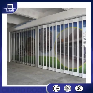 Aluminum Curved Frame Polycarbonate Crystal Transparent Clear Full View PC Horizontal Folding Sliding Door for Shopfront Store Front Shopping Mall Commercial