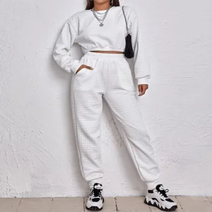 L230734 Custom Waffle Hoodies Pants Suits Women Men Tracksuit 2 Piece Crop Top Joggers Sets Two Piece Set Women Clothing