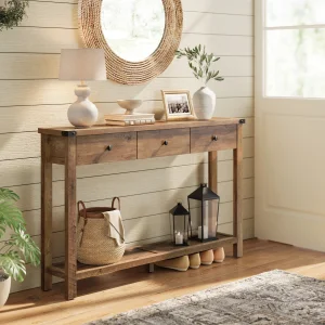 Farmhouse Luxury Narrow Hallway Wood 47.2 Inch Sofa Side Table Entryway Console Table with 3 Drawers Open Shelf Table Storage