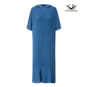China Women's Casual Blue Hooded Pleated Midi Dress – Loose Fit Summer Outfit Manufacturers, Product