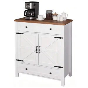 Modern Multifunction Wood Sideboard 2 Doors 2 Drawers White Kitchen Cabinet Barn Door Dining Coffee Bar Buffet Table Storage