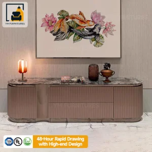 Móvel de Armazenamento para Sala de Estar Personalizado com Tampo de Mármore e Linha Dourada, Estante de TV de Madeira